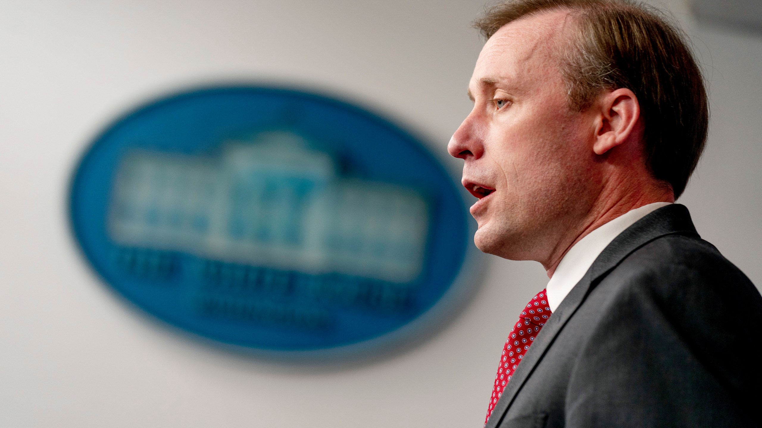 White House national security adviser Jake Sullivan gives an update about the ongoing talks with Russia at a press briefing at the White House in Washington, Thursday, Jan. 13, 2022. (AP Photo/Andrew Harnik)