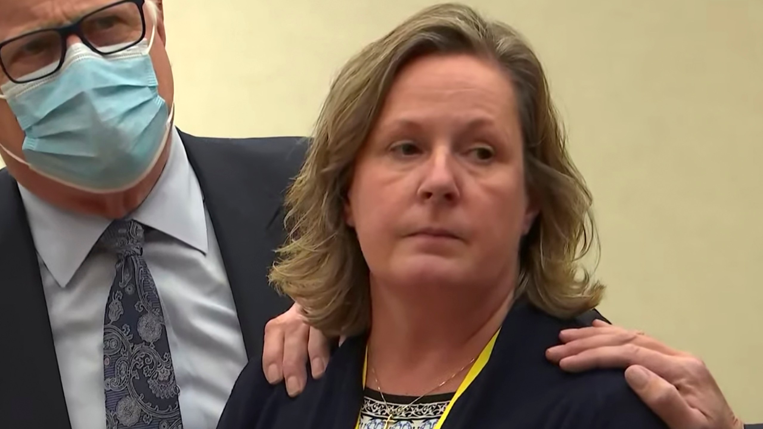 In this screen grab from video, former Brooklyn Center Police Officer Kim Potter stands with defense attorney Earl Gray, as the verdict is read Dec.,23, 2021 at the Hennepin County Courthouse in Minneapolis. (Court TV via AP, Pool, File)