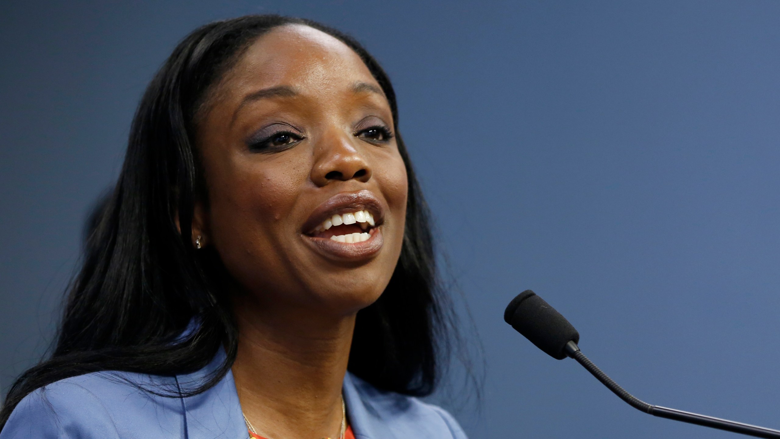 California Surgeon General Dr. Nadine Burke Harris speaks at a news conference in Sacramento, Calif., Tuesday, June 25, 2019. Burke Harris, who was appointed California's first surgeon general by Gov. Gavin Newsom in January 2019, said Wednesday, Feb. 2, 2022, that she is resigning her position because she is "prioritizing care for myself and my family." (AP Photo/Rich Pedroncelli, File)