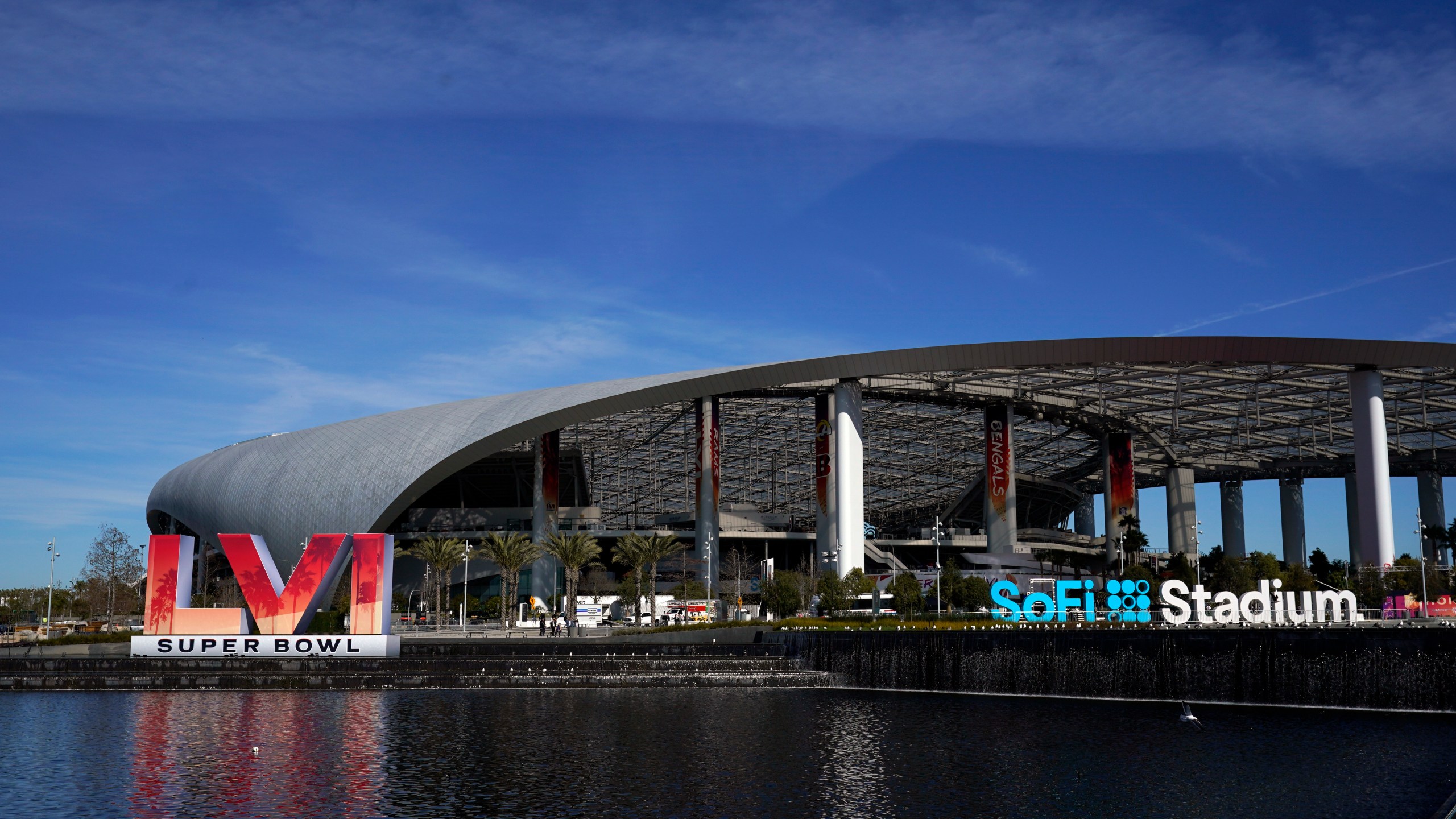 The exterior of SoFi Stadium is seen days before the Super Bowl NFL football game Tuesday, Feb. 8, 2022, in Inglewood, Calif. (AP Photo/Marcio Jose Sanchez)