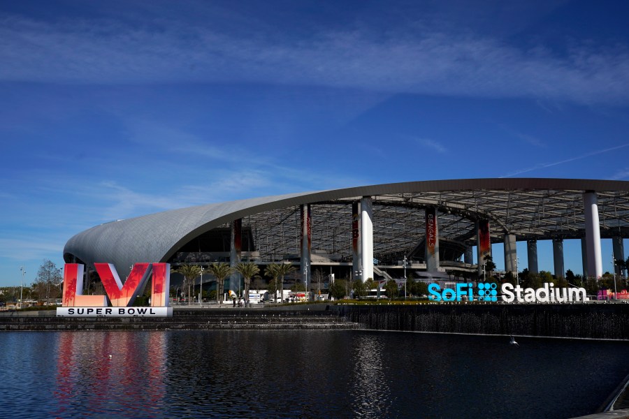 The exterior of SoFi Stadium is seen days before the Super Bowl NFL football game Tuesday, Feb. 8, 2022, in Inglewood, Calif. (AP Photo/Marcio Jose Sanchez)