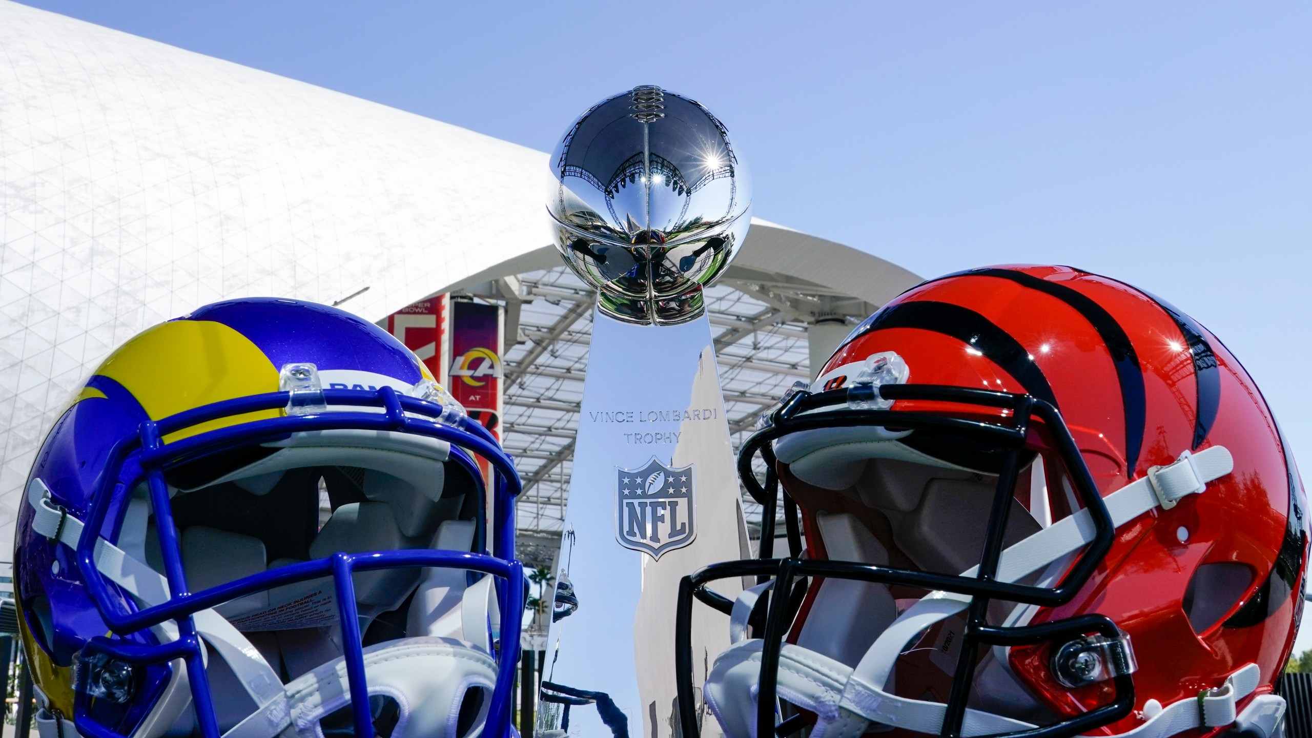 The Vince Lombardi Trophy is seen before NFL Commissioner Roger Goodell addresses the media at a news conference Wednesday, Feb. 9, 2022, in Inglewood, Calif. (AP Photo/Morry Gash)