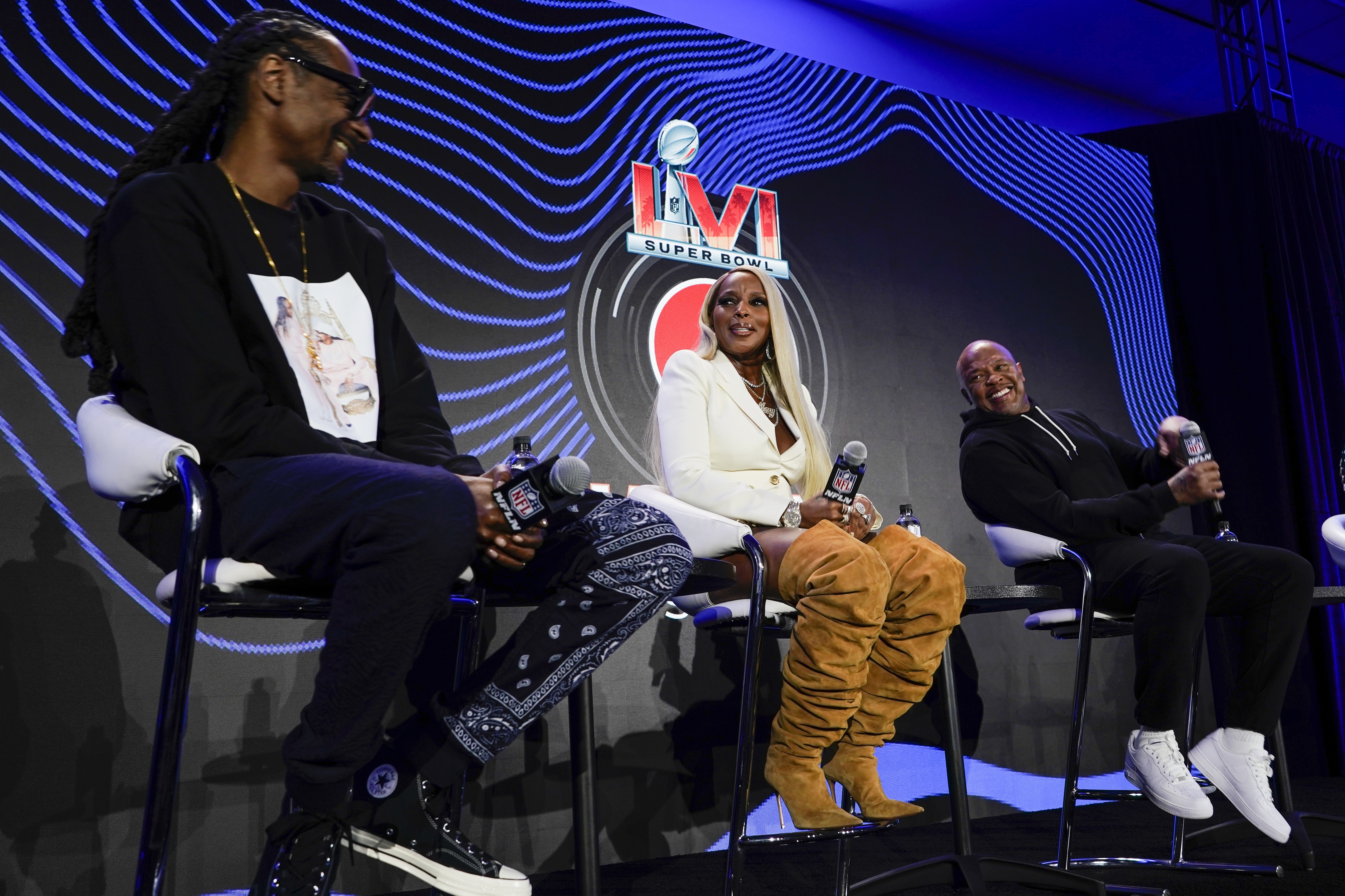 Snoop Dogg, Mary J. Blige and Dr. Dre participate in a news conference for the Super Bowl LVI Halftime Show in Los Angeles on Feb. 10, 2022. (Morry Gash/Associated Press)