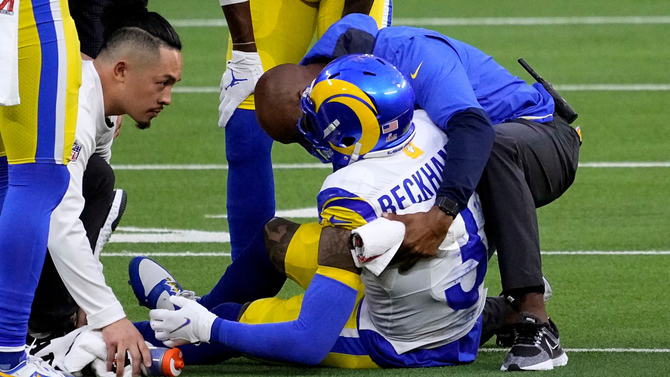 Los Angeles Rams wide receiver Odell Beckham Jr. (3) lies injured against the Cincinnati Bengals during the first half of the NFL Super Bowl 56 football game Sunday, Feb. 13, 2022, in Inglewood, Calif. (AP Photo/Elaine Thompson)