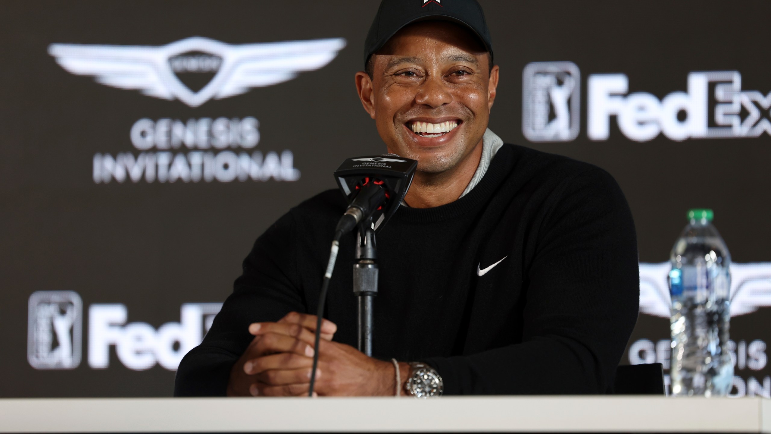 Tiger Woods speaks during a news conference for the Genesis Invitational golf tournament at Riviera Country Club in Pacific Palisades on Feb. 16, 2022. (Ryan Kang/Associated Press)