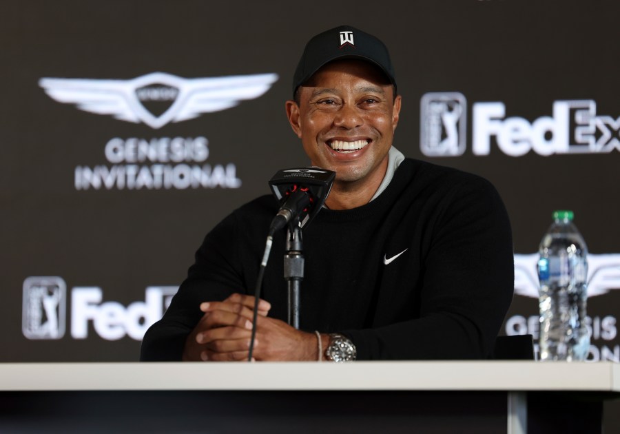 Tiger Woods speaks during a news conference for the Genesis Invitational golf tournament at Riviera Country Club in Pacific Palisades on Feb. 16, 2022. (Ryan Kang/Associated Press)