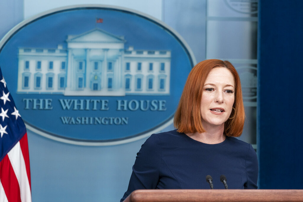 White House press secretary Jen Psaki speaks with reporters in the James Brady Press Briefing Room at the White House, Tuesday, Feb. 22, 2022, in Washington. (AP Photo/Alex Brandon)