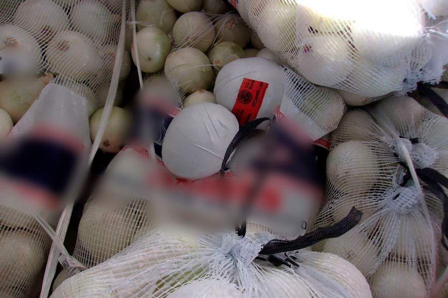 This photo provided by the U.S. Customs and Border Protection shows the Otay Mesa commercial facility where authorities discovered almost 1,200 small packages of methamphetamine hidden within a shipment of onions on Feb. 13, 2022. (U.S. Customs and Border Protection via AP)