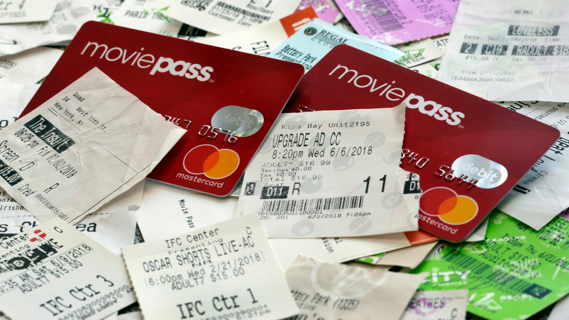 This file photo shows Movie Pass debit cards and used movie tickets in New York. (Richard Drew/Associated Press)