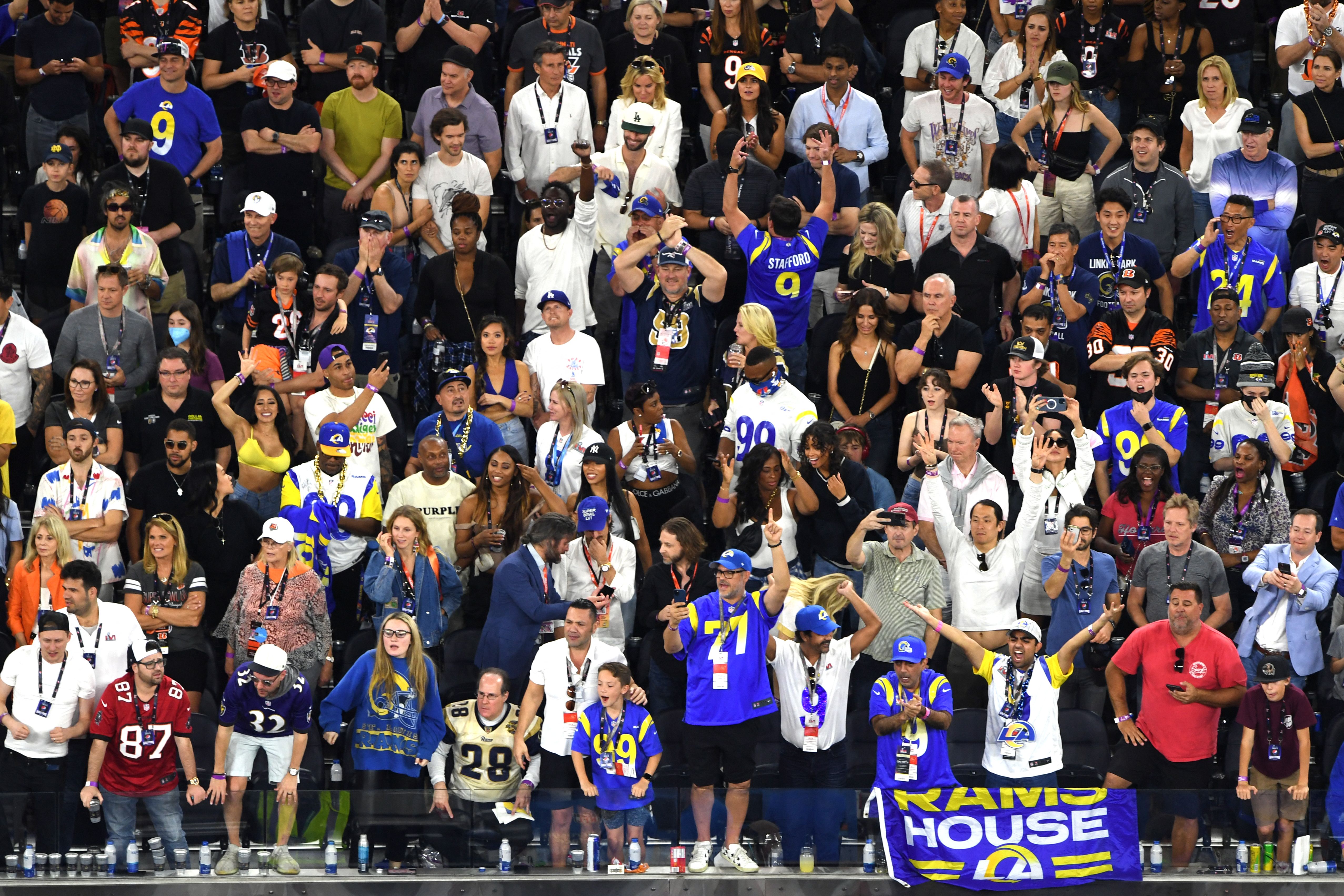 LA Rams fans cheer during Super Bowl LVI between the Los Angeles Rams and the Cincinnati Bengals at SoFi Stadium in Inglewood on February 13, 2022. (VALERIE MACON/AFP via Getty Images)