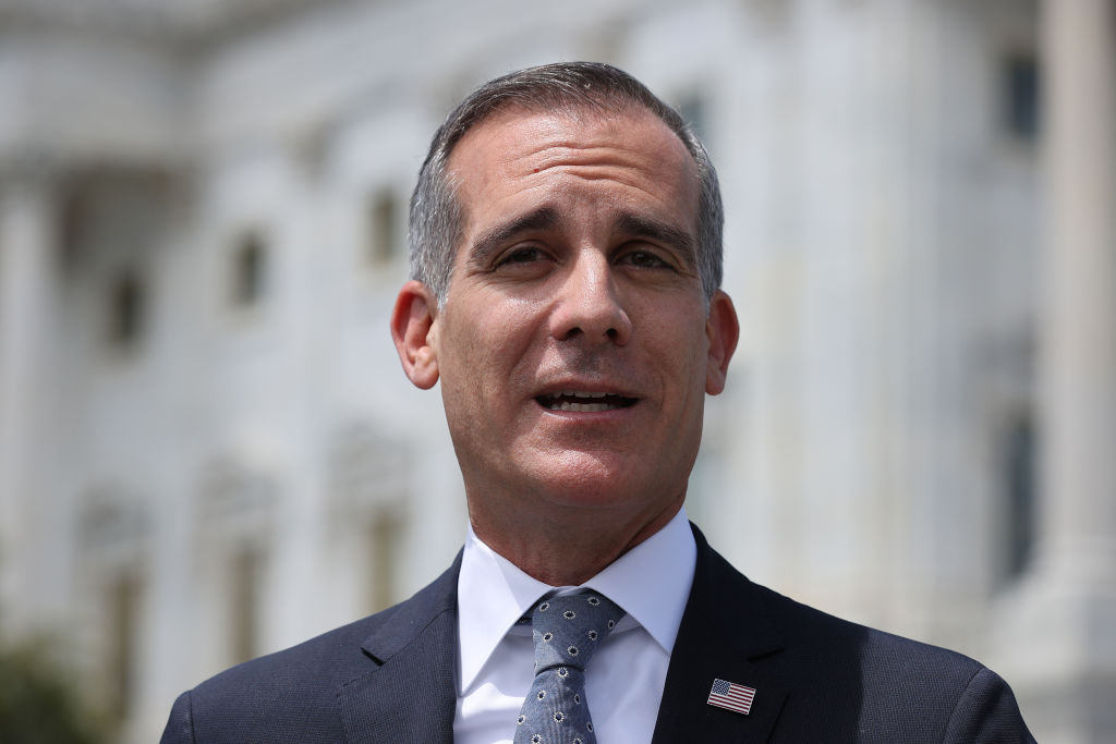 Los Angeles Mayor Eric Garcetti speaks about the importance of infrastructure during a news conference with fellow mayors and members of Congress outside the U.S. Capitol on May 12, 2021. (Chip Somodevilla/Getty Images)