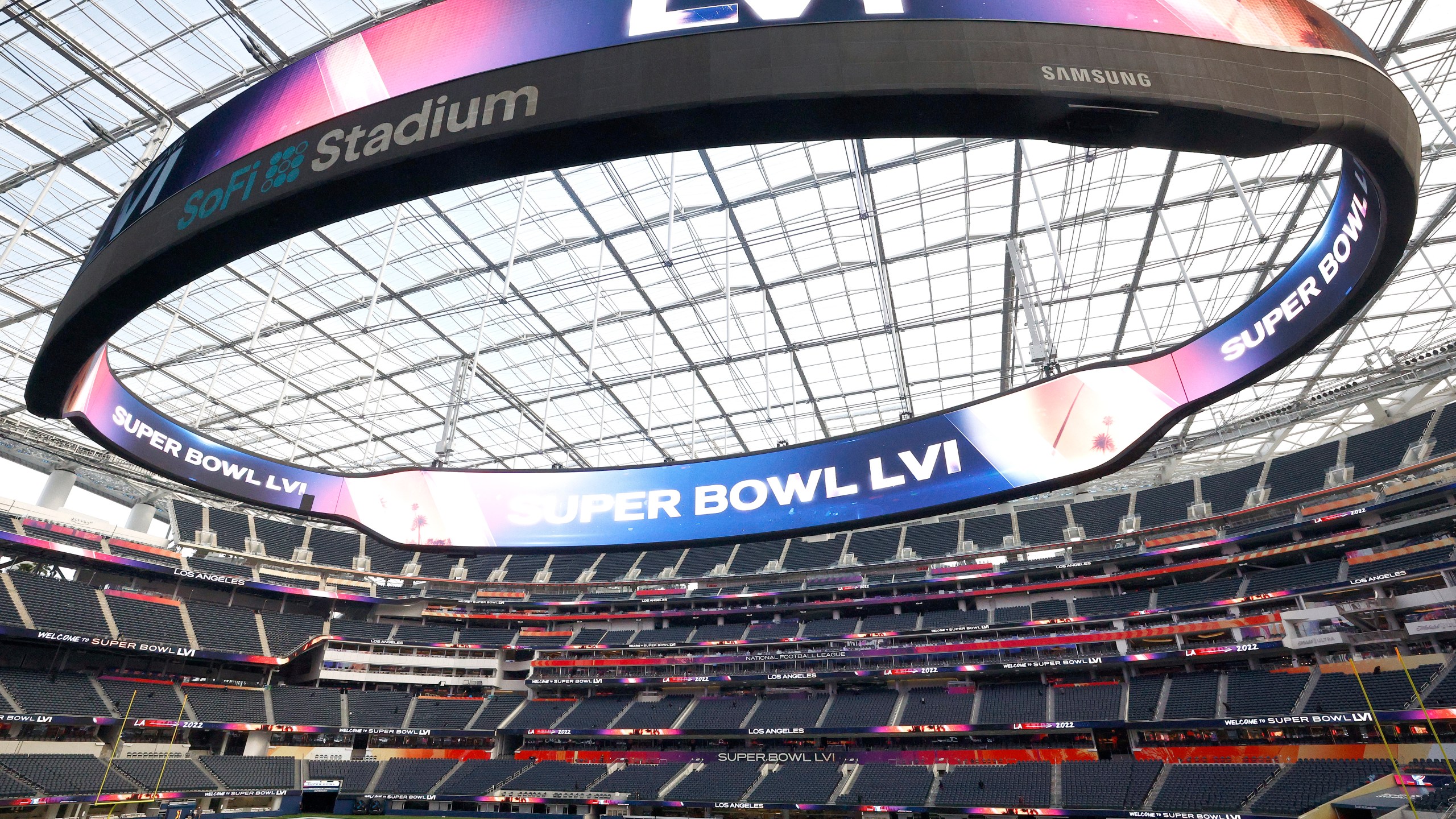 A view of SoFi Stadium as workers prepare for Super Bowl LVI on Feb. 1, 2022 in Inglewood. (Ronald Martinez/Getty Images)