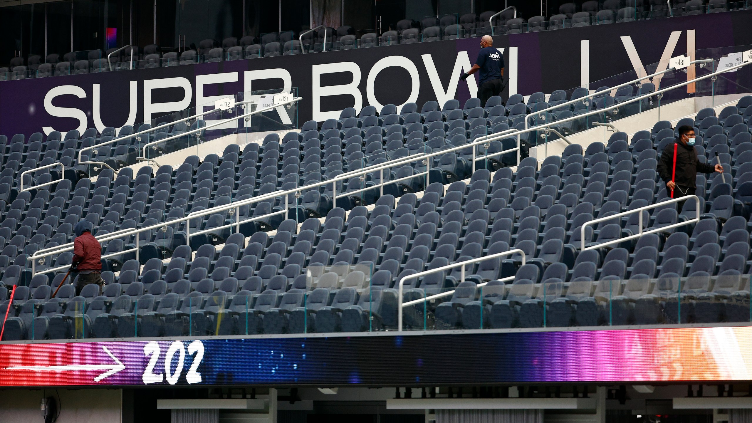 A view of SoFi Stadium as workers prepare for Super Bowl LVI on February 01, 2022 in Inglewood. (Ronald Martinez/Getty Images)