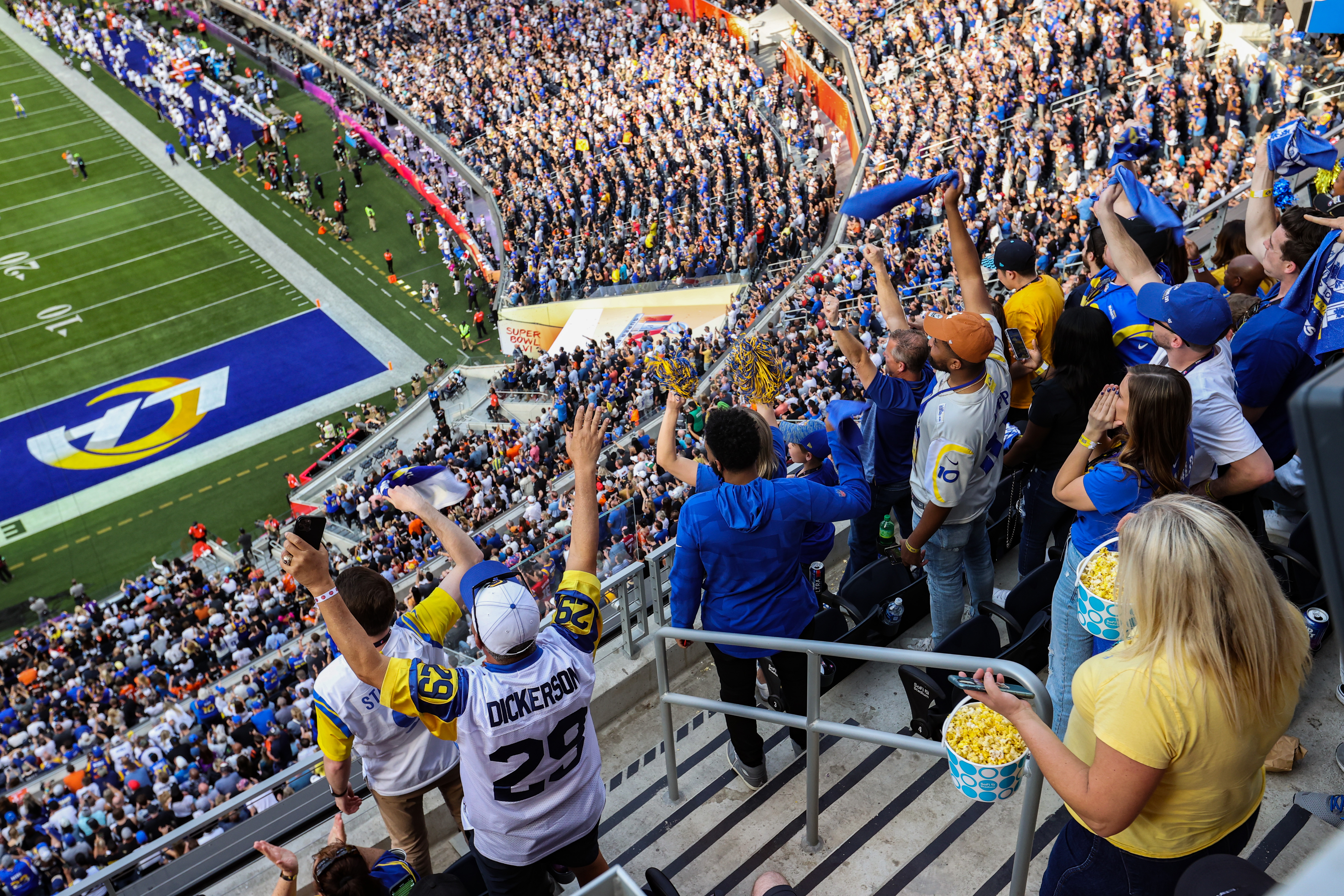 Fans cheer during Super Bowl LVI between the Los Angeles Rams and the Cincinnati Bengals at SoFi Stadium on Feb. 13, 2022 in Inglewood. (Katelyn Mulcahy/Getty Images)