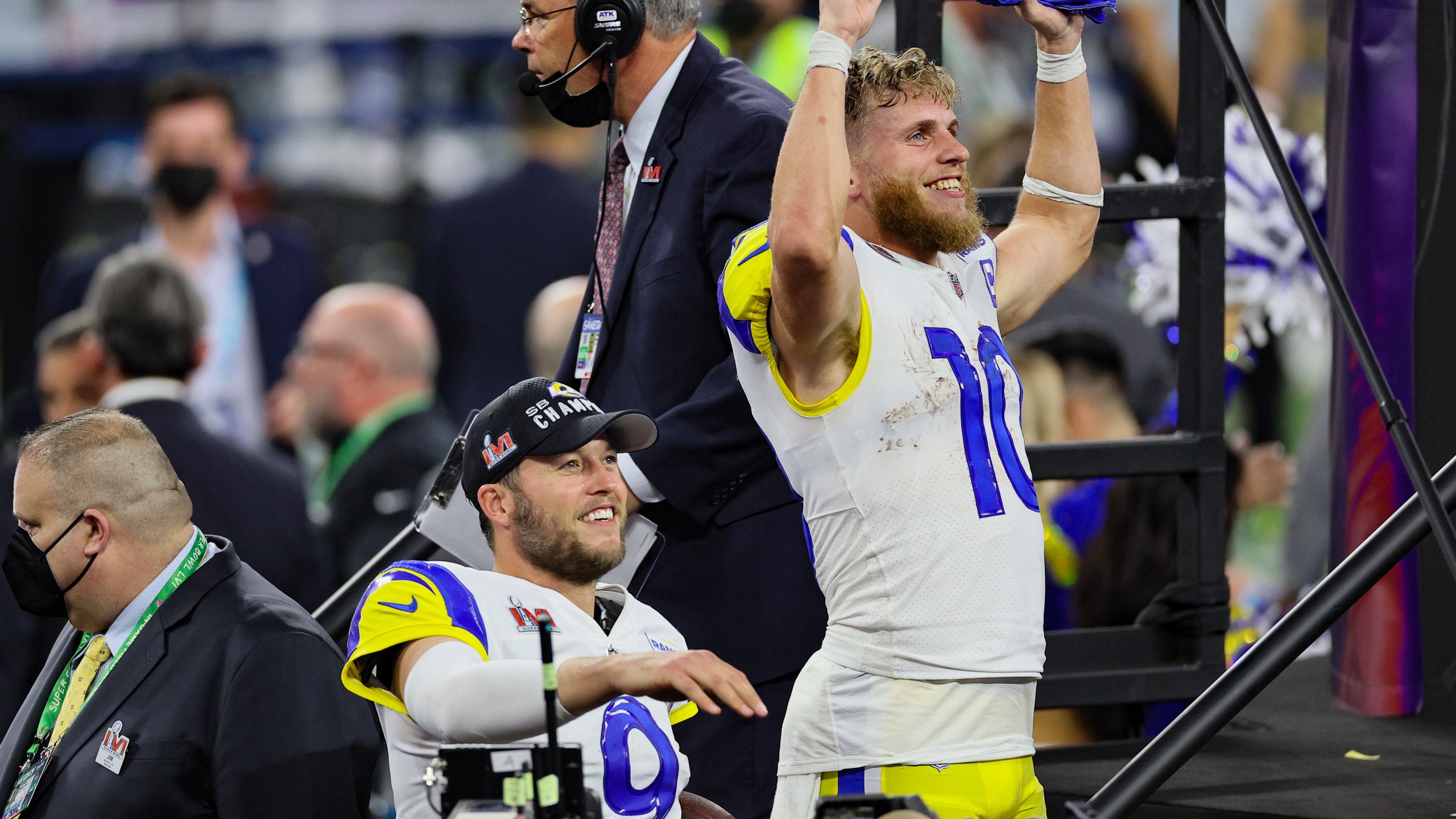 Cooper Kupp #10 and Matthew Stafford #9 of the Los Angeles Rams celebrate after Super Bowl LVI at SoFi Stadium on February 13, 2022 in Inglewood, California. The Los Angeles Rams defeated the Cincinnati Bengals 23-20. (Andy Lyons/Getty Images)