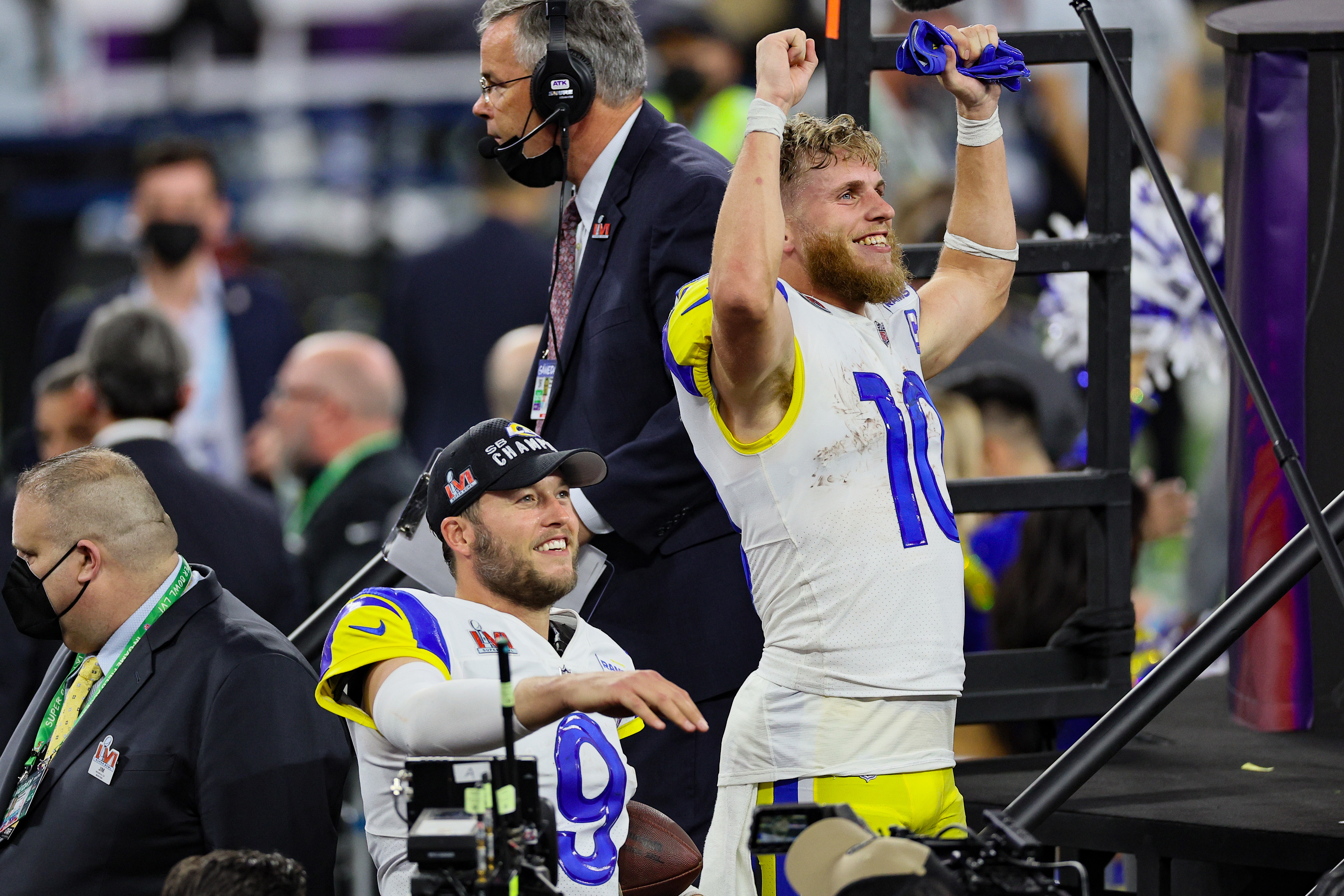 Cooper Kupp #10 and Matthew Stafford #9 of the Los Angeles Rams celebrate after Super Bowl LVI at SoFi Stadium on February 13, 2022 in Inglewood, California. The Los Angeles Rams defeated the Cincinnati Bengals 23-20. (Andy Lyons/Getty Images)