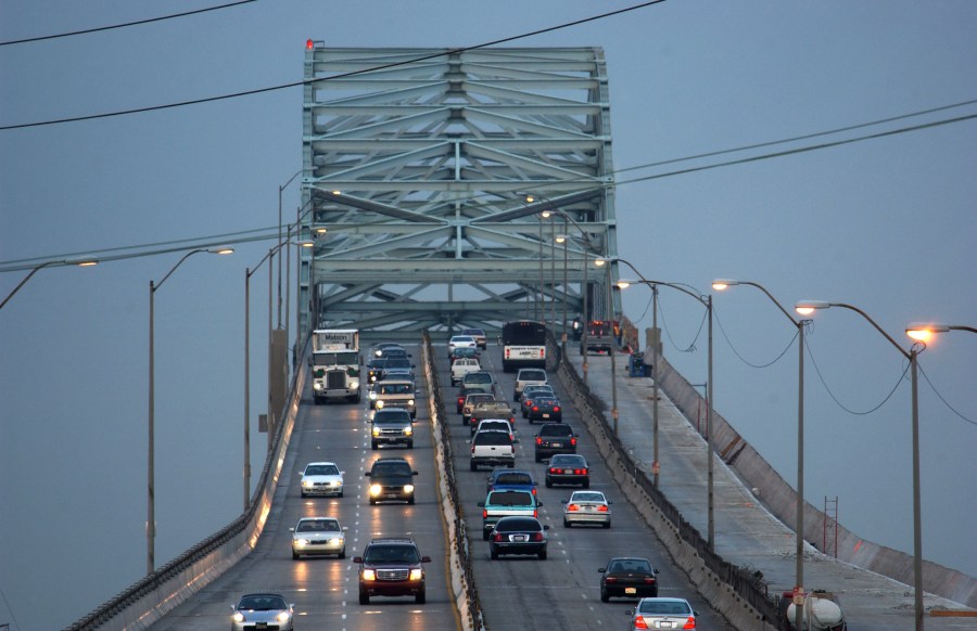 Traffic on Long Beach's Gerald Desmond Bridge passes over the ports of Long Beach and Los Angeles in an undated photo. (David McNew/Getty Images)