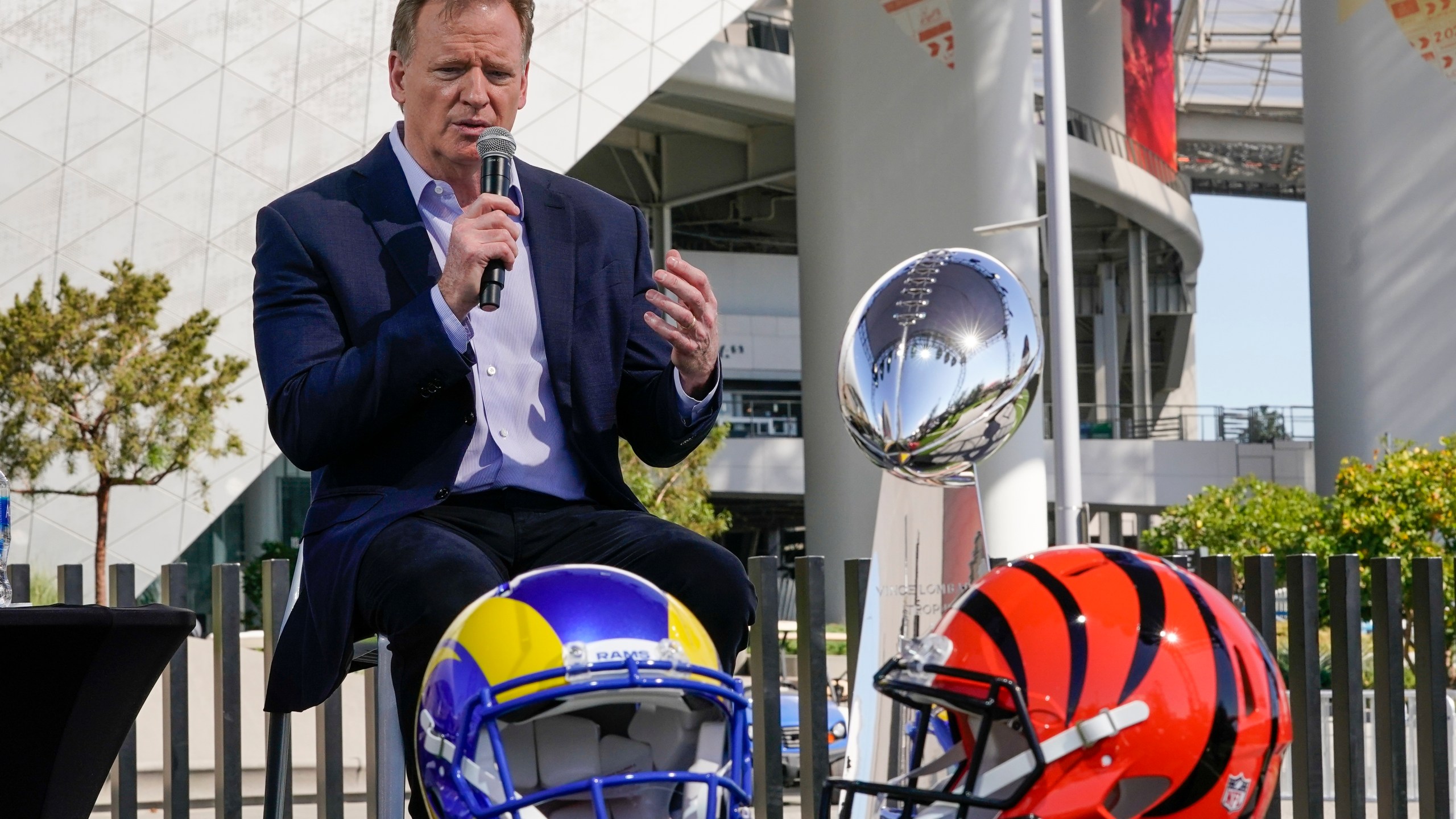 NFL Commissioner Roger Goodell speaks at a news conference Wednesday, Feb. 9, 2022, in Inglewood, Calif. (AP Photo/Morry Gash)