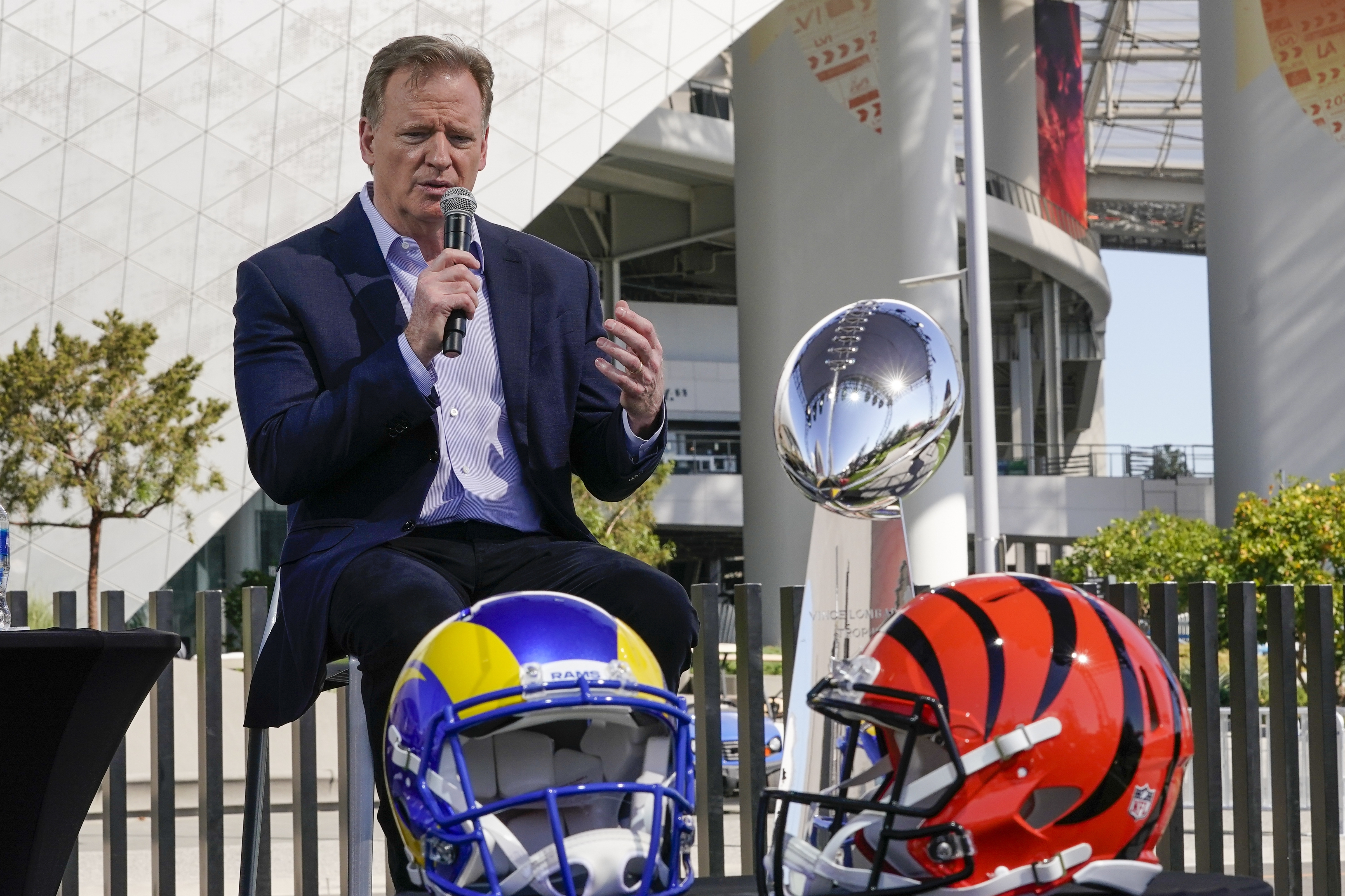 NFL Commissioner Roger Goodell speaks at a news conference Wednesday, Feb. 9, 2022, in Inglewood, Calif. (AP Photo/Morry Gash)