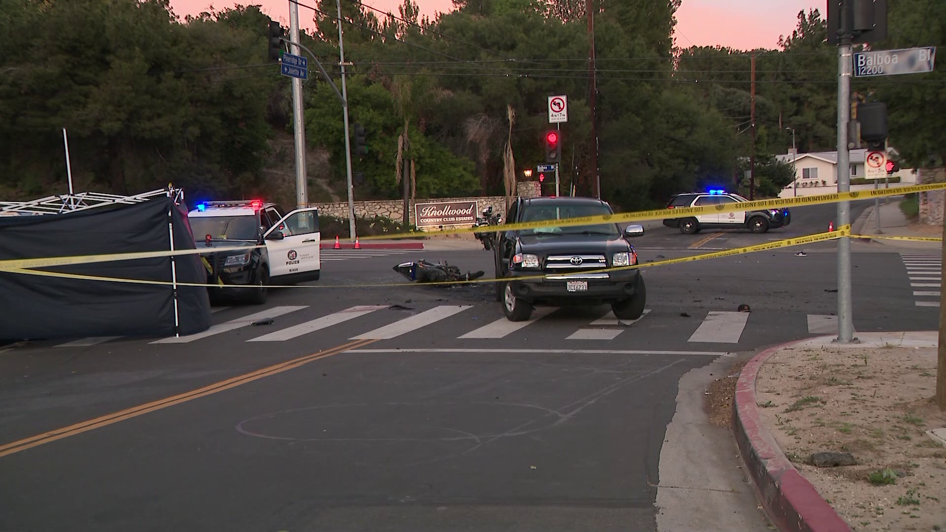 A collision between a pickup truck and a motorcycle claimed the life of a motorcyclist in Granada Hills on Feb. 26, 2022, authorities said. (KTLA)