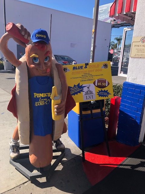 Pink's Hot Dogs is pictured in Rams colors ahead of the Super Bowl in a photo shared to KTLA on Feb. 3, 2022. (Pink's Hot Dogs)