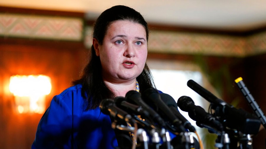 Ukraine's Ambassador to the United States Oksana Markarova speaks during a news conference at the Embassy of Ukraine in Washington, Thursday, Feb. 24, 2022. (AP Photo/Patrick Semansky)