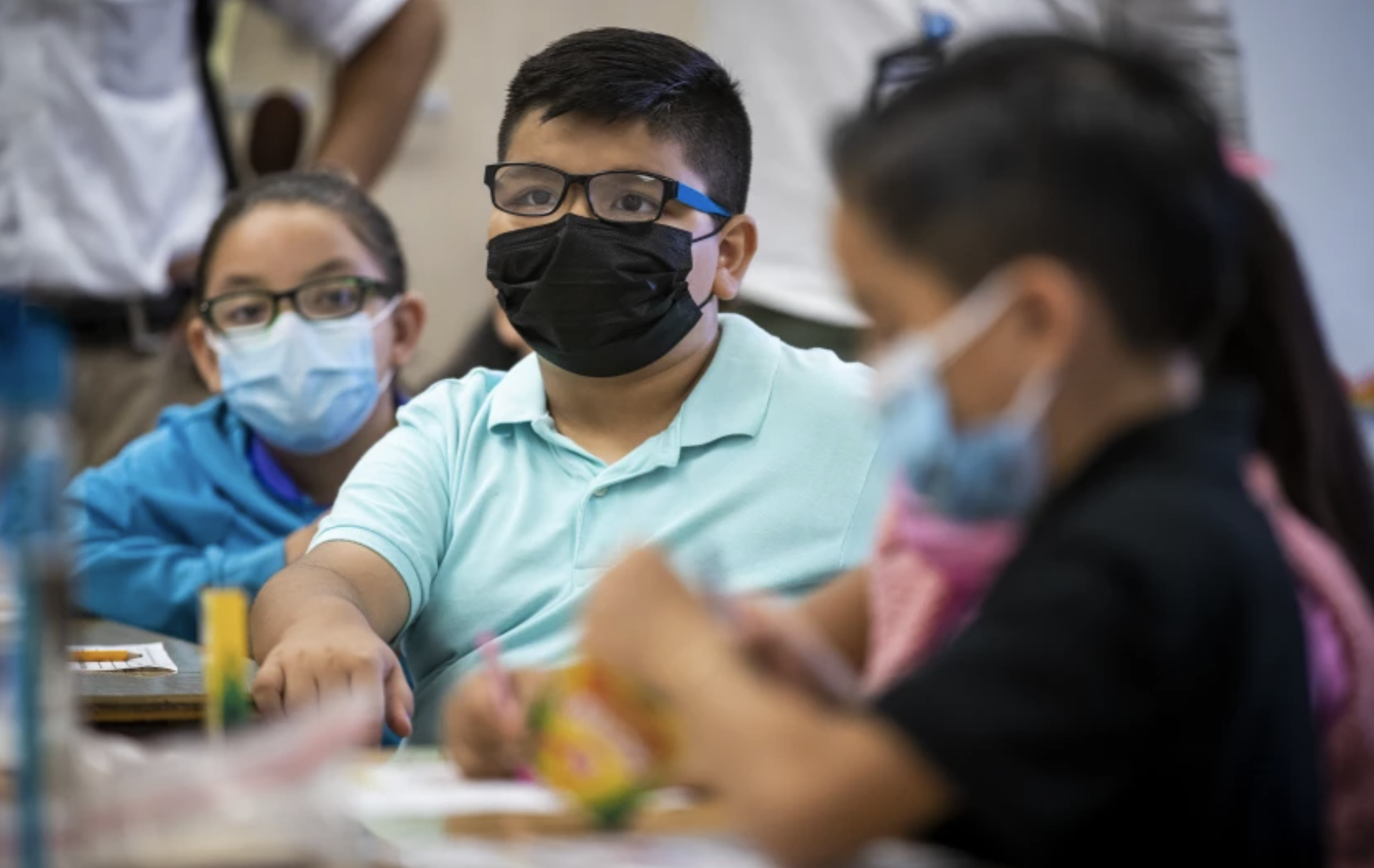 Third-grade dual-language students wear masks during class at Montara Avenue Elementary School in August.(Allen J. Schaben / Los Angeles Times)