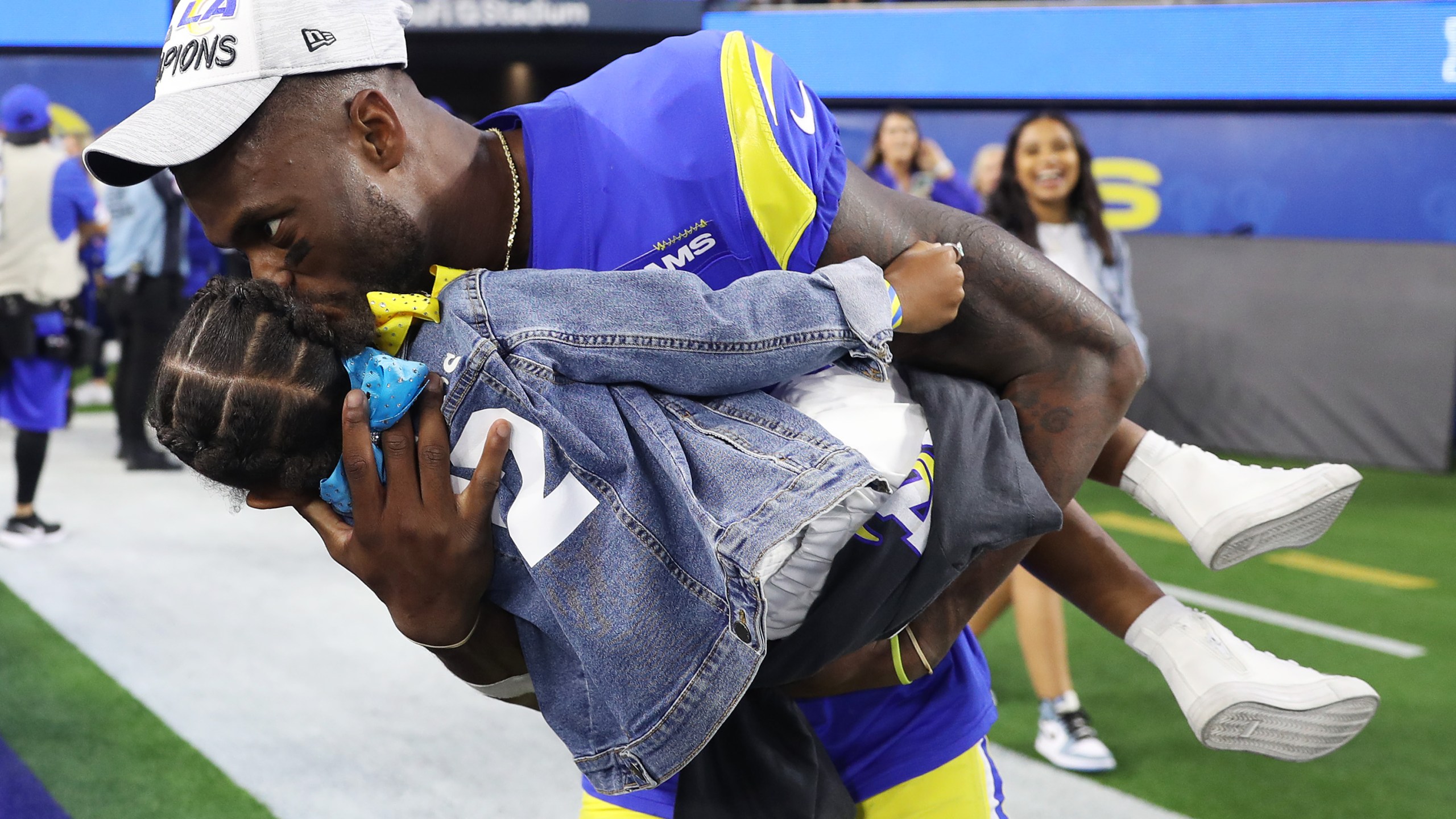 Van Jefferson #12 of the Los Angeles Rams celebrates after defeating the San Francisco 49ers in the NFC Championship Game at SoFi Stadium on Jan. 30, 2022, in Inglewood, California. The Rams defeated the 49ers 20-17. (Meg Oliphant/Getty Images)