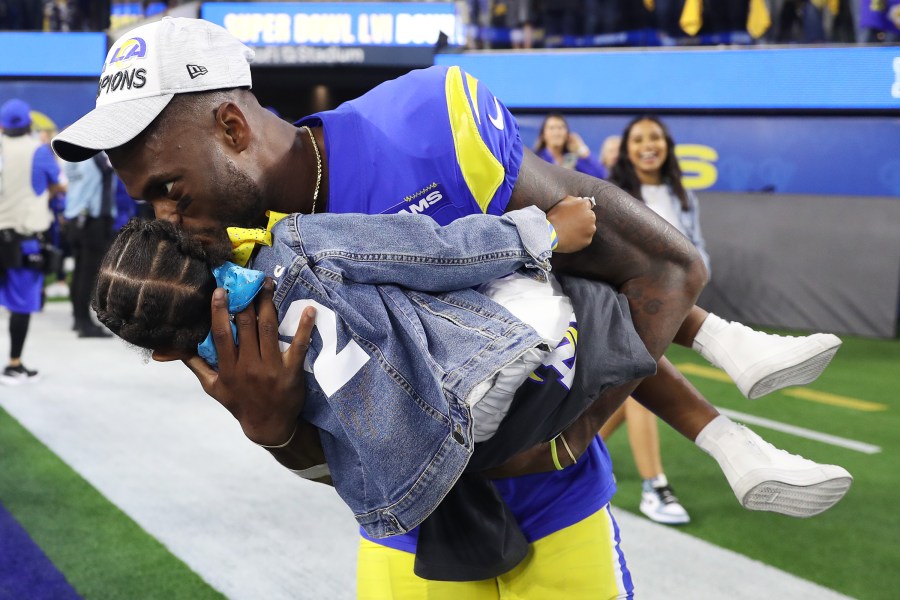 Van Jefferson #12 of the Los Angeles Rams celebrates after defeating the San Francisco 49ers in the NFC Championship Game at SoFi Stadium on Jan. 30, 2022, in Inglewood, California. The Rams defeated the 49ers 20-17. (Meg Oliphant/Getty Images)