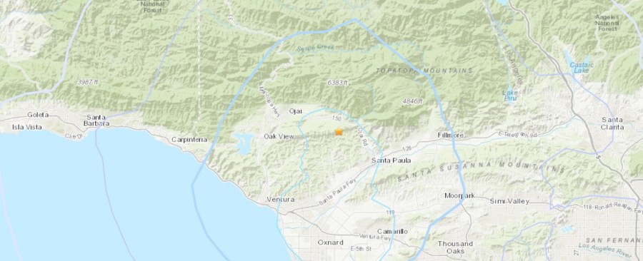 An earthquake with a preliminary magnitude of 3.9 struck 5.8 miles northwest of Santa Paula on Feb. 26, 2022. (USGS)