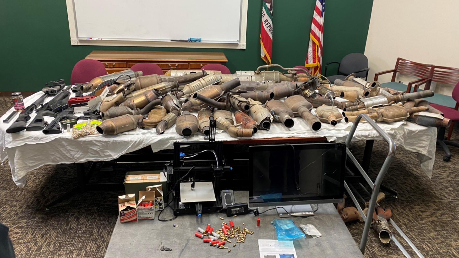 A sheriff's photo shows the items recovered during the Antelope Valley Cat Crusaders operation on Feb. 2, 2022. (Los Angeles County Sheriff's Department)