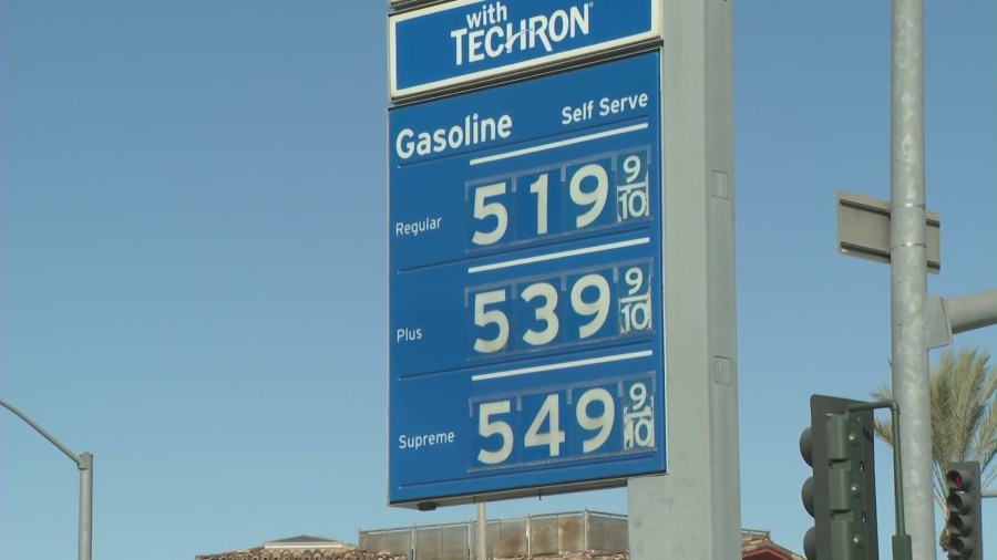 Gas cost more than $5 per gallon at a station in Pasadena on Feb. 4, 2022. (KTLA)