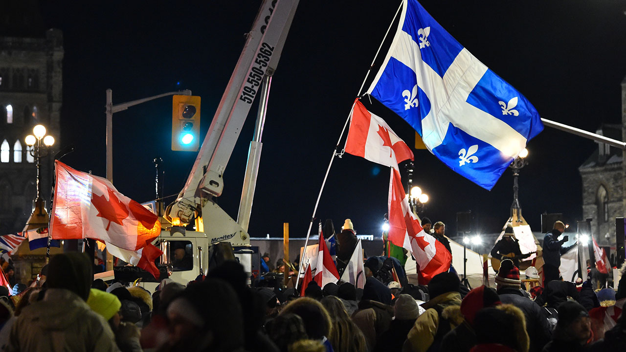 Supporters against vaccines mandates continue to party into the night on February 5, 2022 in Ottawa, Canada. (Minas Panagiotakis/Getty Images)