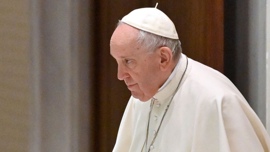 Pope Francis attends his weekly general audience at the Paul VI hall on February 23, 2022 in the Vatican. (Credit: ALBERTO PIZZOLI/AFP via Getty Images)