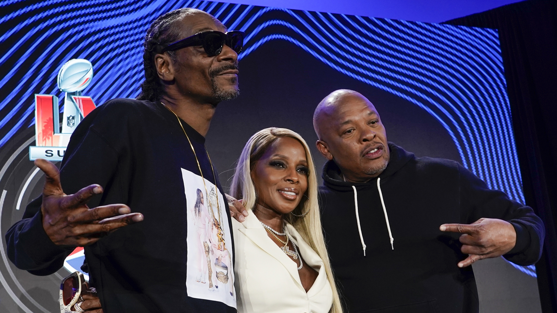 Snoop Dogg, Mary J. Blige and Dr. Dre participate in a news conference for the Super Bowl LVI halftime show in Los Angeles on Feb. 10, 2022, (Morry Gash/Associated Press)