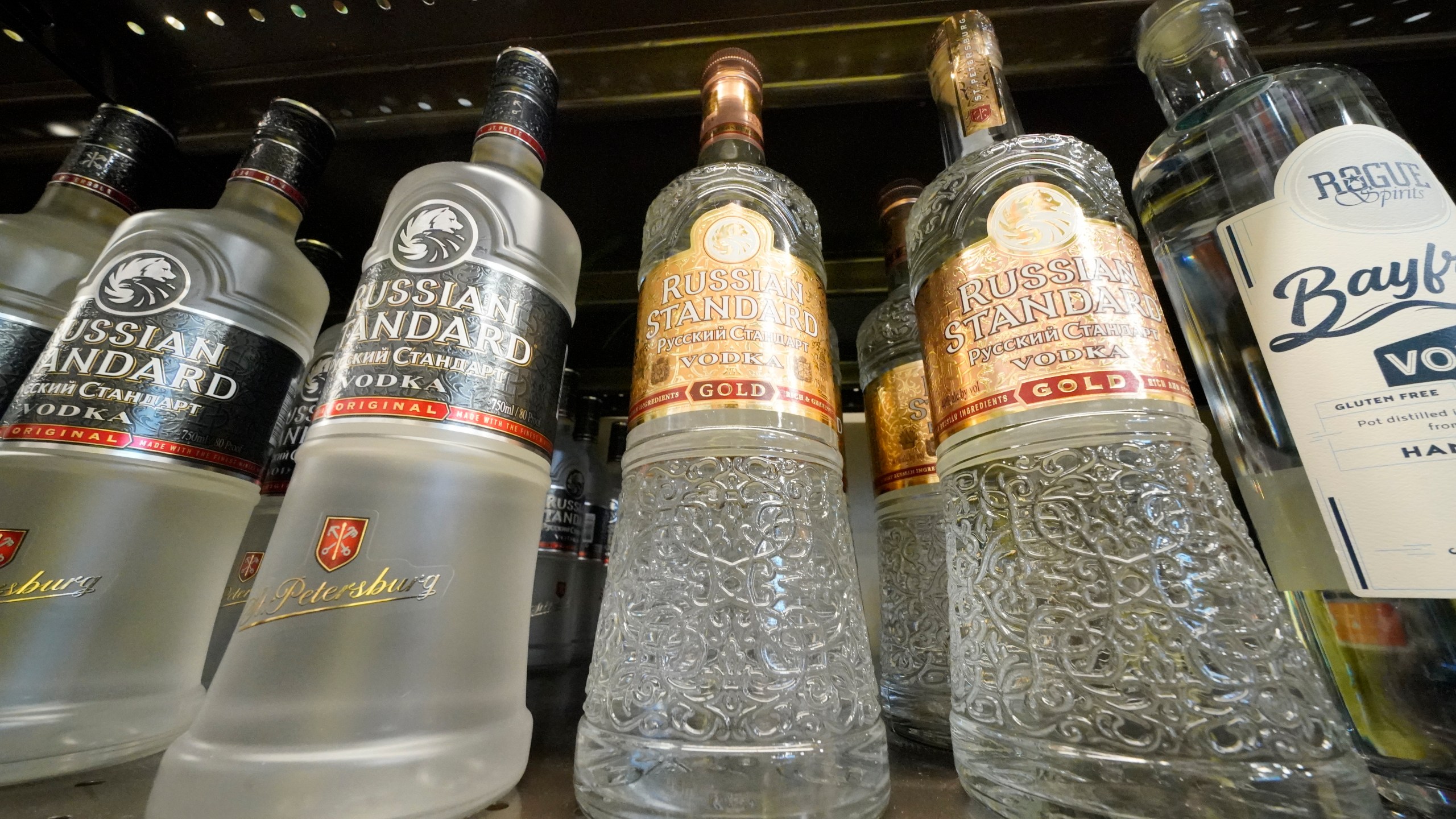 This is a display of Russian Standard Vodka in a Total Wine and More store in University Park, Fla., on Sunday, Feb. 27, 2022. (AP Photo/Gene J. Puskar)