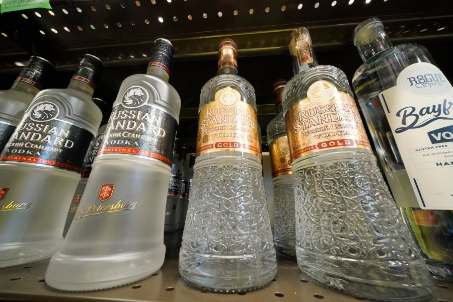 This is a display of Russian Standard Vodka in a Total Wine and More store in University Park, Fla., on Sunday, Feb. 27, 2022. (AP Photo/Gene J. Puskar)