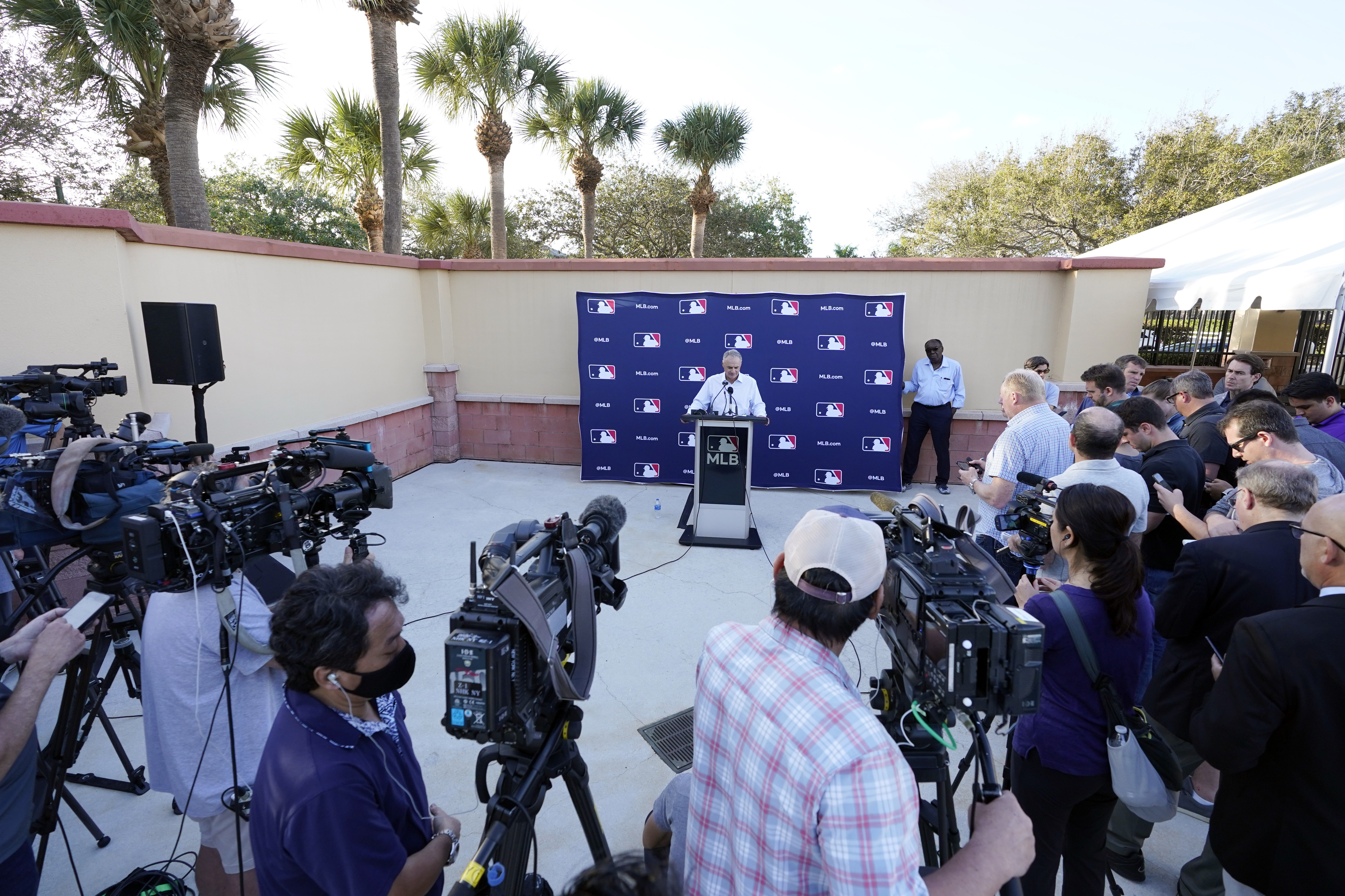 Major League Baseball Commissioner Rob Manfred speaks during a news conference after negotiations with the players' association toward a labor deal on March 1, 2022, at Roger Dean Stadium in Jupiter, Fla. (Wilfredo Lee/Associated Press)