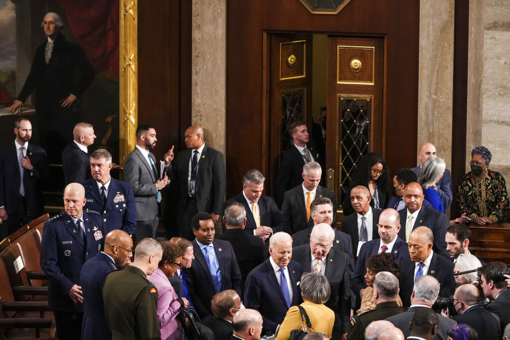 President Joe Biden departs after delivering his first State of the Union address to a joint session of Congress at the Capitol, Tuesday, March 1, 2022, in Washington. (Sarahbeth Maney/The New York Times via AP, Pool)