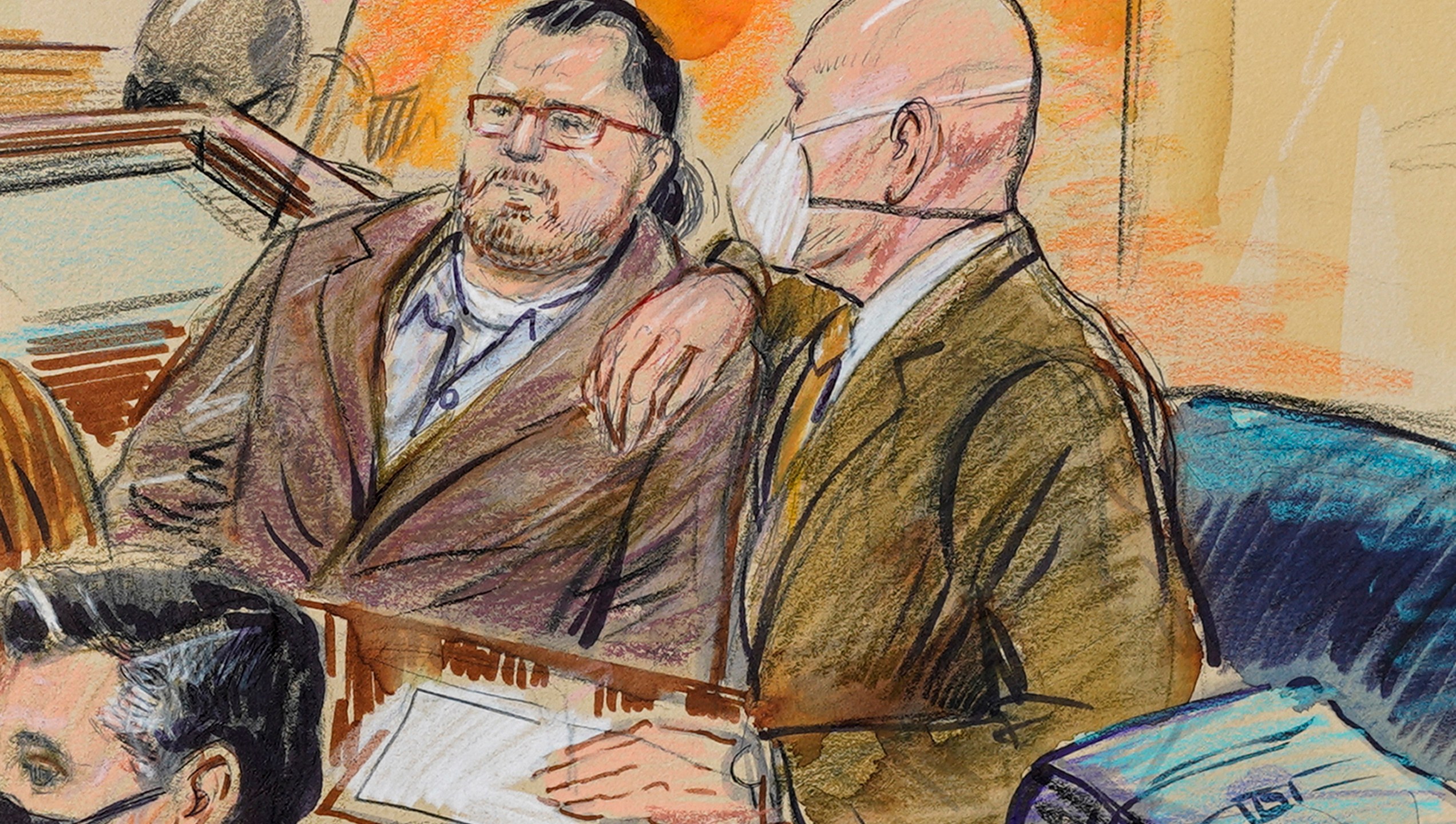 This artist sketch depicts Guy Wesley Reffitt, joined by his lawyer William Welch, right, in Federal Court on Feb. 28, 2022. (Dana Verkouteren/San Francisco Chronicle via AP)