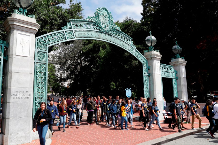 In this Aug. 15, 2017, photo, students walk on the University of California, Berkeley campus. (AP Photo/Marcio Jose Sanchez, File)