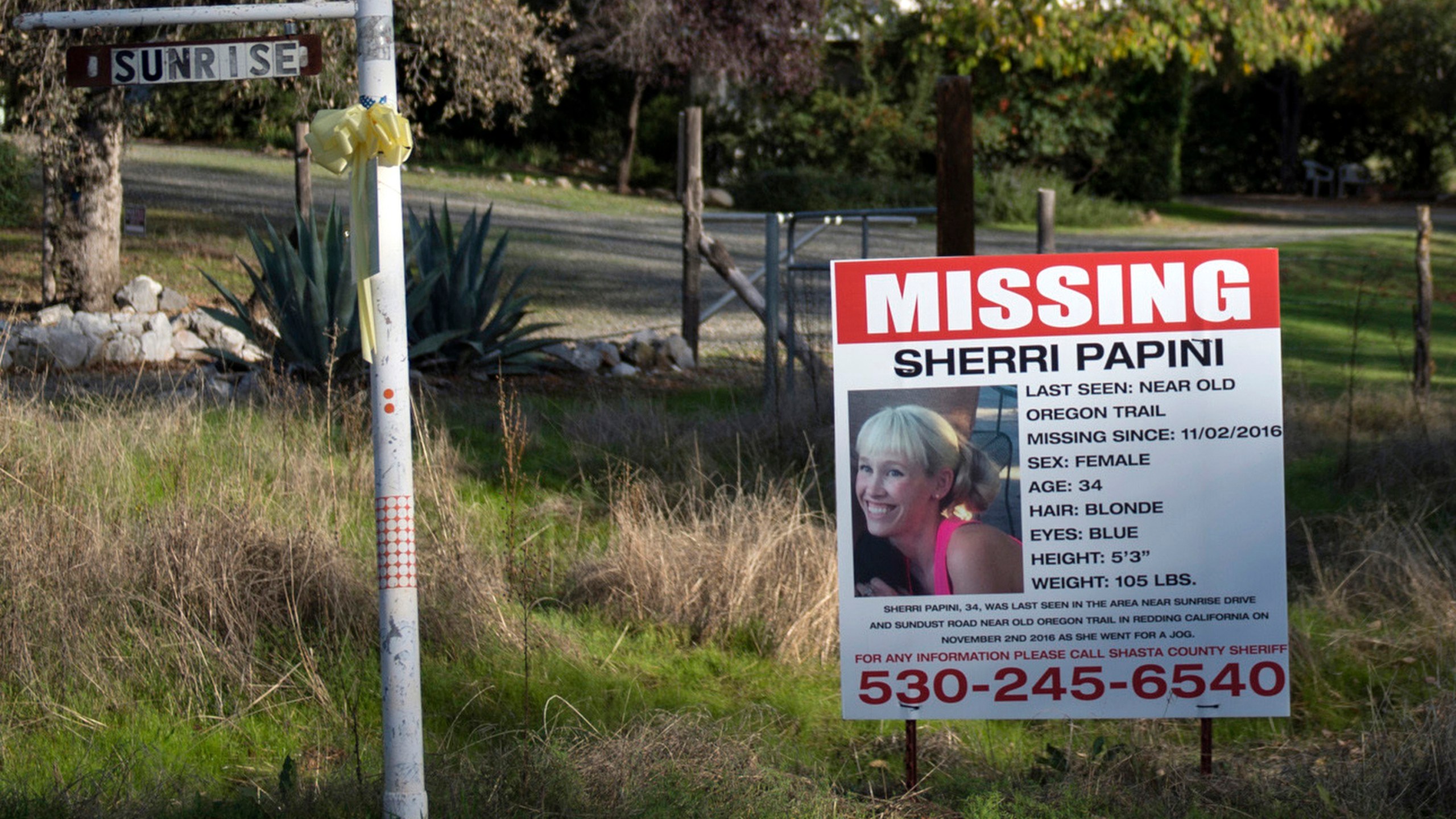 In this Nov. 10, 2016, file photo, a "missing" sign for Mountain Gate, Calif., resident Sherri Papini, is seen along Sunrise Drive, near the location where the mom of two was believed to have gone missing while on an afternoon jog. (Andrew Seng/The Sacramento Bee via Associated Press)