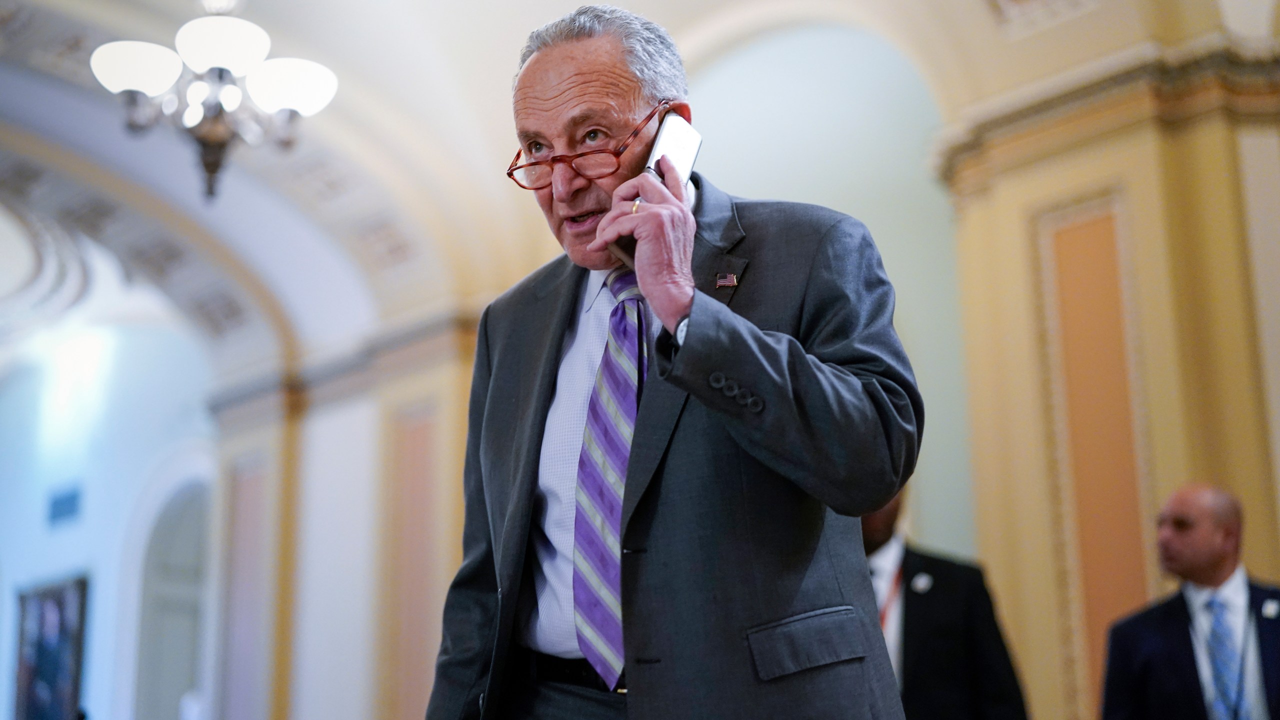 Senate Majority Leader Chuck Schumer, D-N.Y., arrives for a weekly policy luncheon, at the Capitol in Washington, Tuesday, March 8, 2022. (AP Photo/J. Scott Applewhite)