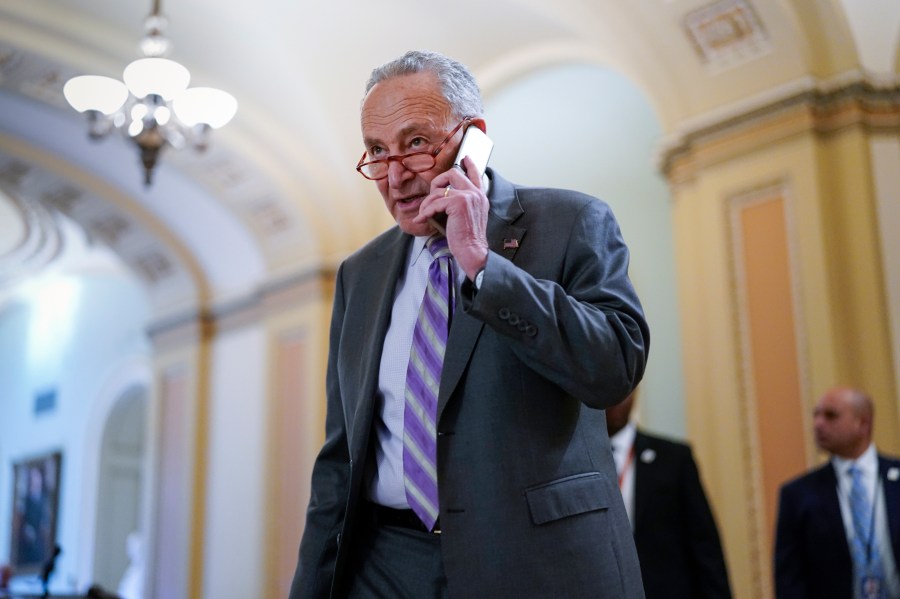 Senate Majority Leader Chuck Schumer, D-N.Y., arrives for a weekly policy luncheon, at the Capitol in Washington, Tuesday, March 8, 2022. (AP Photo/J. Scott Applewhite)