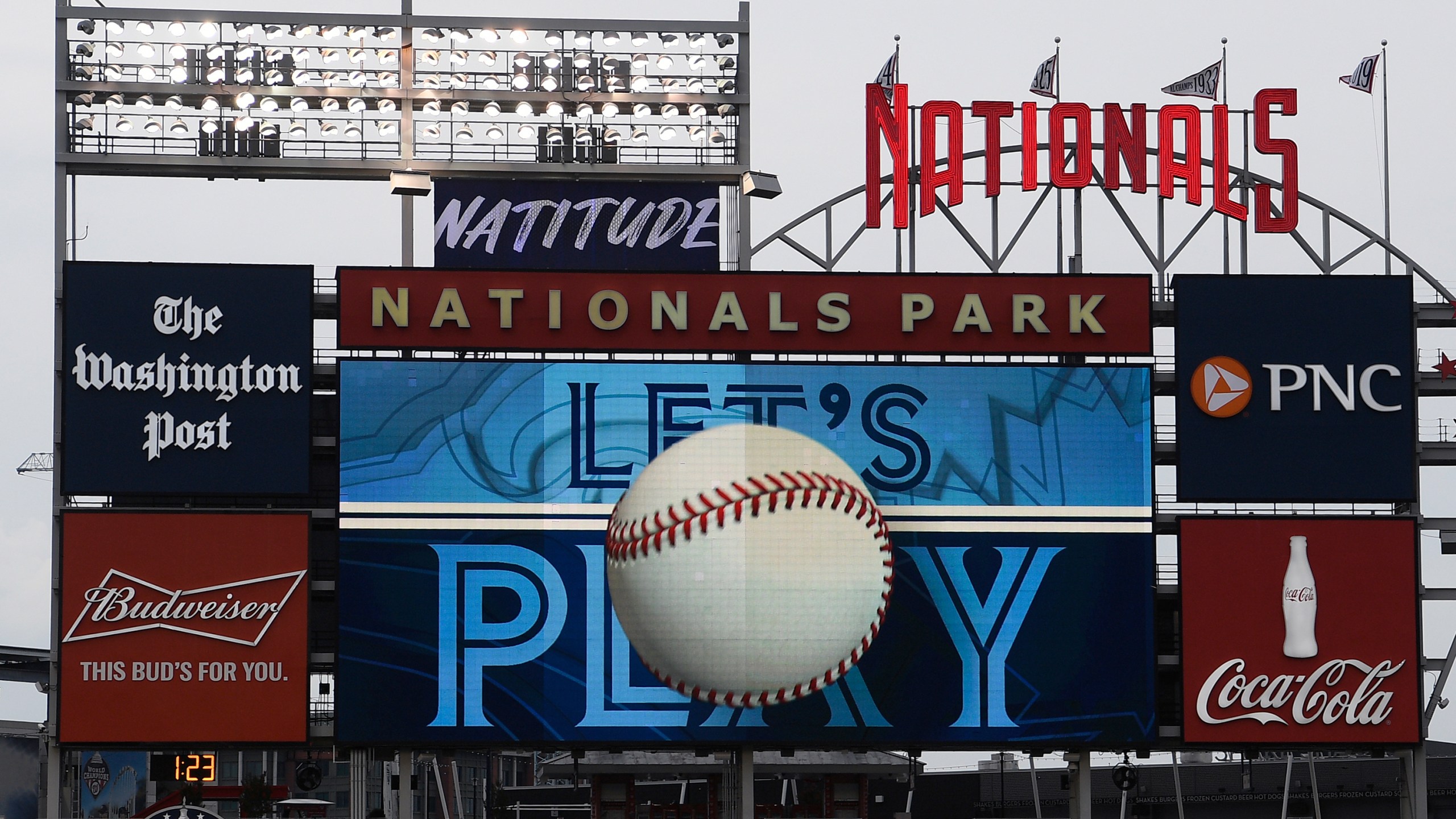 The scoreboard plays the seventh inning stretch themes of the Toronto Blue Jays at a baseball game between the Blue Jays and the Washington Nationals, on July 30, 2020, in Washington. (Nick Wass/Associated Press)