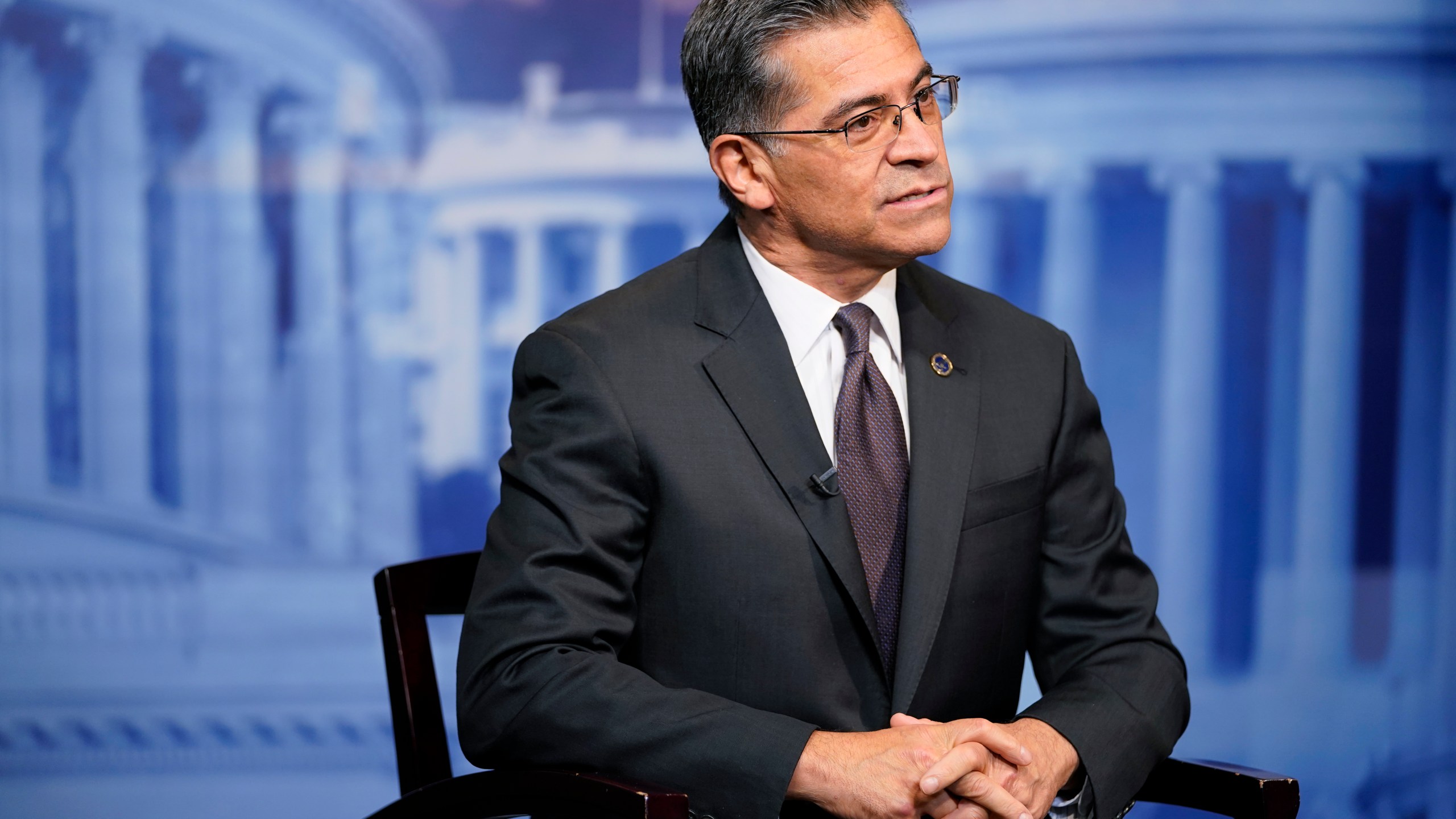 Health and Human Services Secretary Xavier Becerra, is interviewed by the Associated Press, Thursday, March 17, 2022, in Washington. (AP Photo/Jacquelyn Martin)