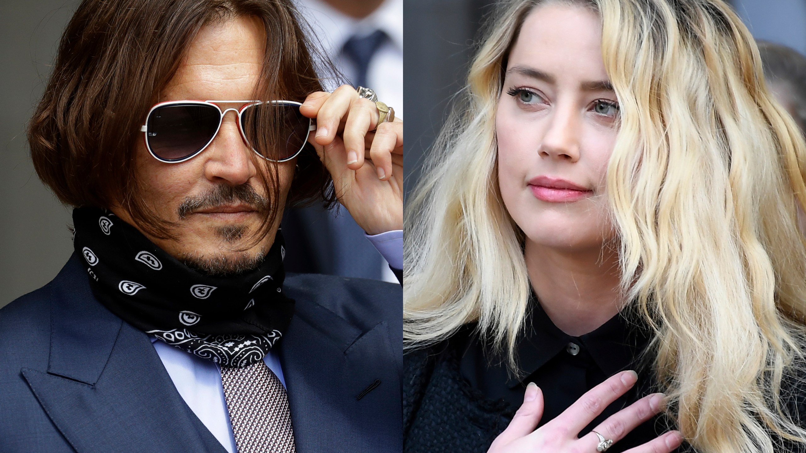 Johnny Depp appears at the High Court in London, on July 17, 2020, left, and Amber Heard appears outside the High Court in London on July 28, 2020. (AP Photo)