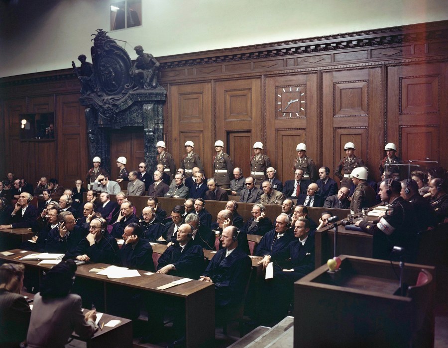 Defendants listen to part of the verdict in the Palace of Justice during the Nuremberg War Crimes Trial in Nuremberg, Germany on Sept. 30, 1946. (Eddie Worth/Associated Press)