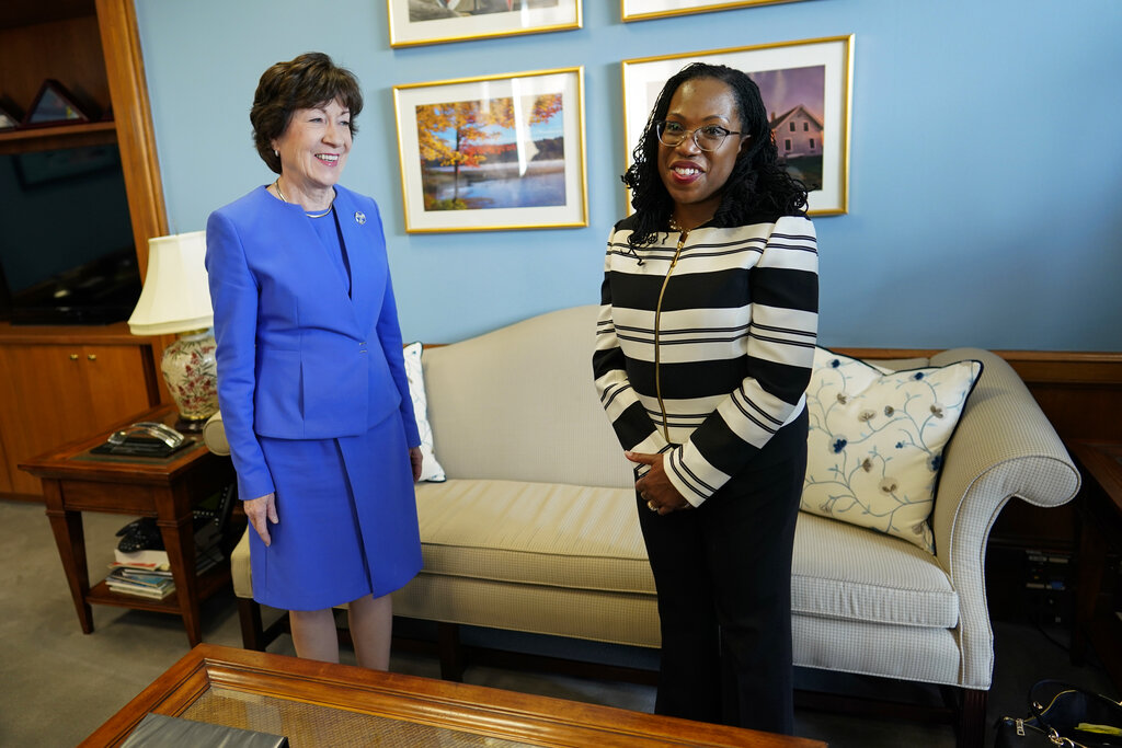 Supreme Court nominee Ketanji Brown Jackson meets with Sen. Susan Collins, R-Maine, on Capitol Hill in Washington, March 8, 2022. (AP Photo/Carolyn Kaster, File)