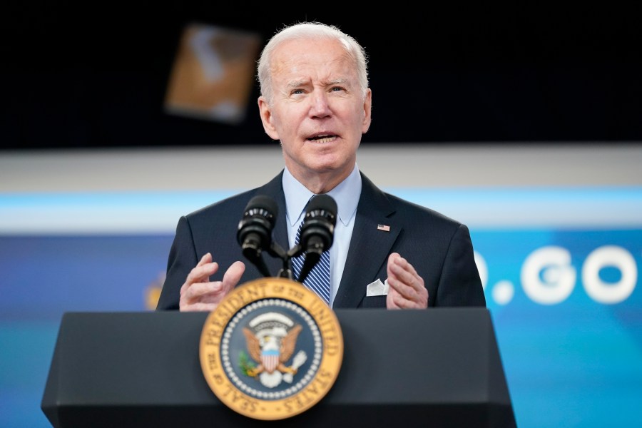 President Joe Biden speaks about status of the country's fight against COVID-19 in the South Court Auditorium on the White House campus, Wednesday, March 30, 2022, in Washington. (AP Photo/Patrick Semansky)